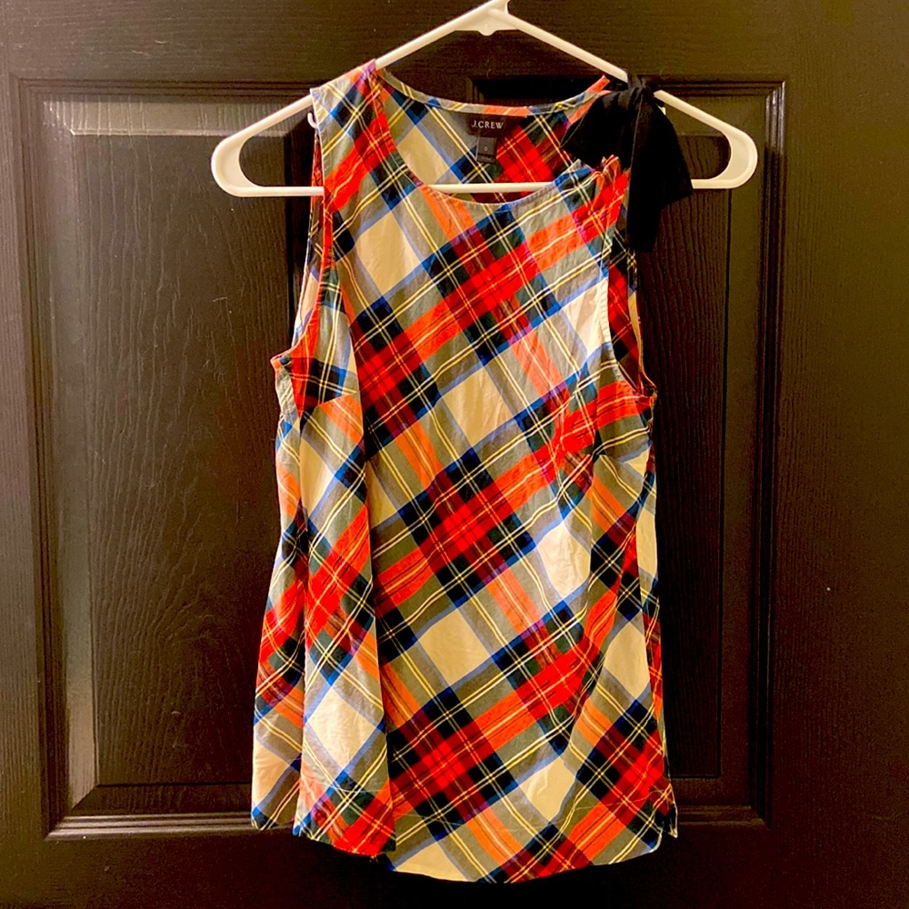 J Crew red plaid blouse with shoulder tie